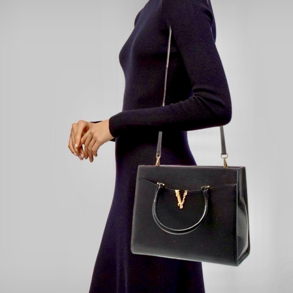 Versace Black Grained Calfskin Leather Virtus Satchel Top Handle Bag Tote Purse - Picture 5 of 15